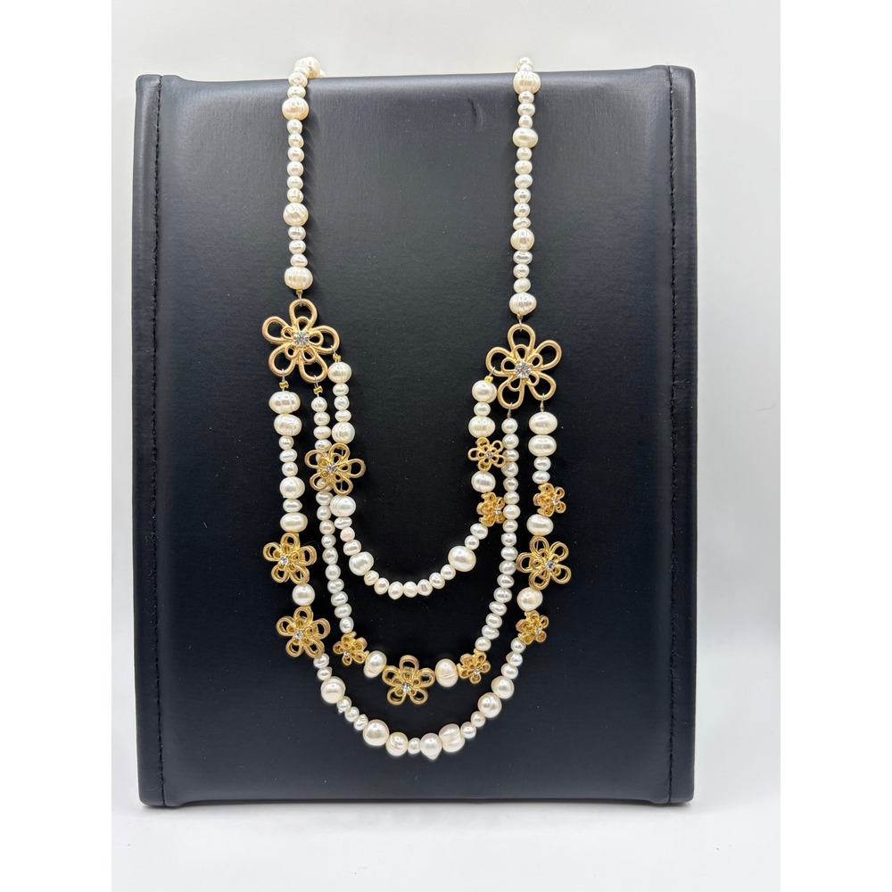 Gold Tone Multi Strand Faux Pearl Flower Crystal Statement Necklace Adjustable